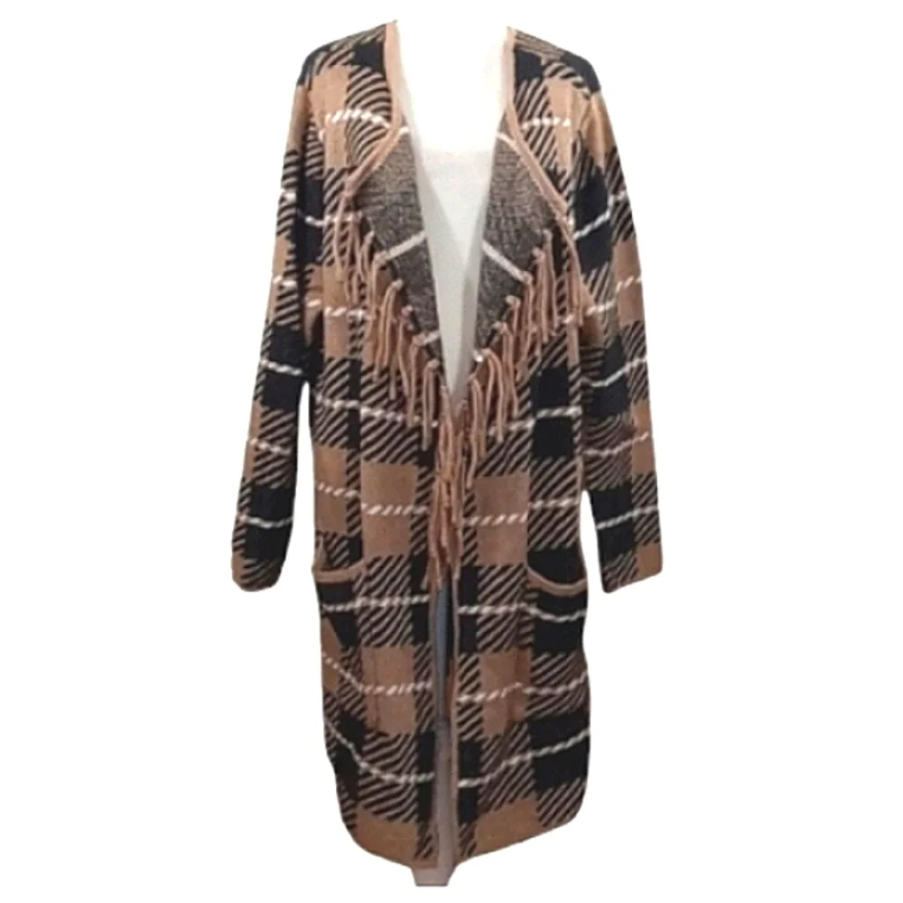 Adrienne Vittadini Fringed Plaid Cardigan/Open Front Duster Size 3X